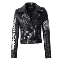 2021 nowa jesienna kobiety zima Faux miękkie skórzane kurtki płaszcze pani czarny PU z nitami z zamkiem błyskawicznym epolet 3D drukuj motocykl Streetwear 1